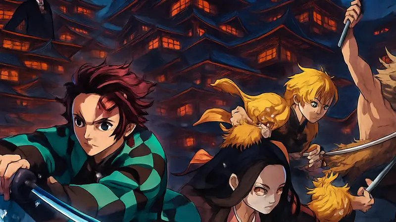 Постер аниме-фильма Demon Slayer: Infinity Castle, демонстрирующий главных героев на фоне замка.
