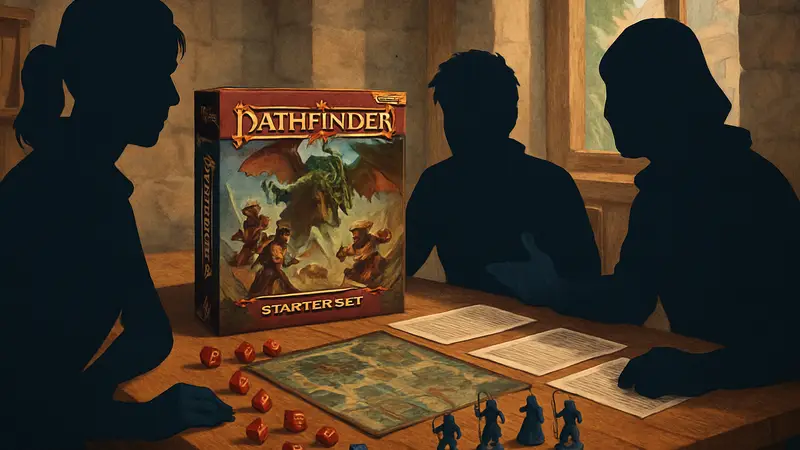 Настольная игра Pathfinder: стартовый набор 2-й редакции на столе с компонентами.