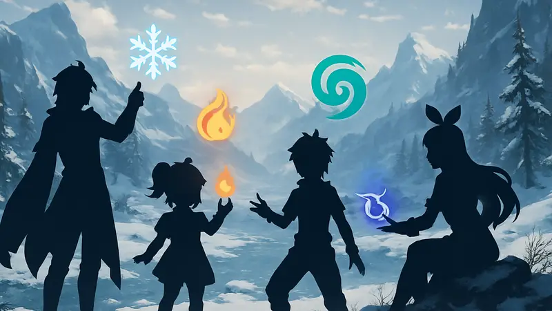 Персонажи Genshin Impact на фоне заснеженных пейзажей Снежной, изображающие элементальные реакции