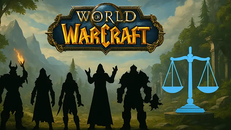 Логотип World of Warcraft, герои различных классов, обновление игры и баланс классов.
