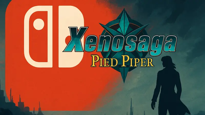 Изображение логотипа Xenosaga: Pied Piper на фоне символики Nintendo Switch, анонсирующее дату выхода игры.
