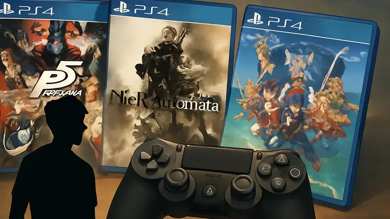 Обложки популярных JRPG для PS4, таких как Persona и Final Fantasy, на фоне контроллера PlayStation 4.