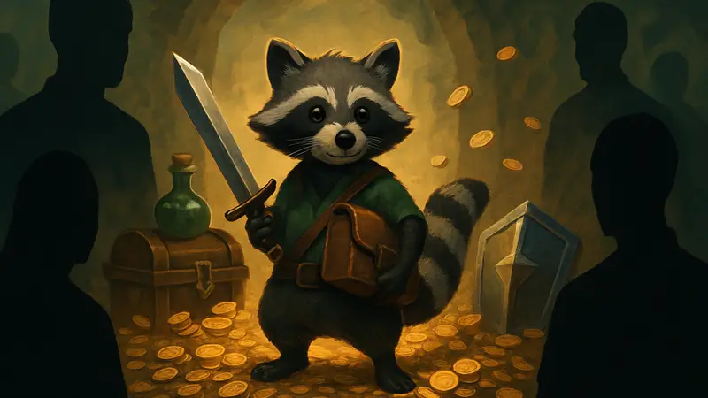 Изображение главного персонажа Raccoin, енота, с лутом, окруженного монетами.
