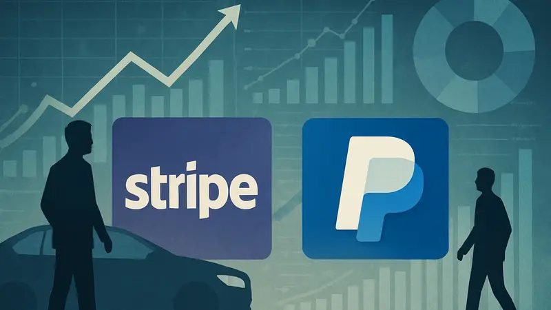 Логотипы Stripe и PayPal на фоне абстрактной бизнес-графики, символизирующей потенциальное слияние