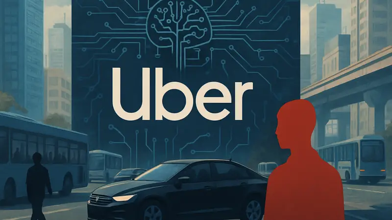 Логотип Uber с элементами искусственного интеллекта на фоне городского транспорта.