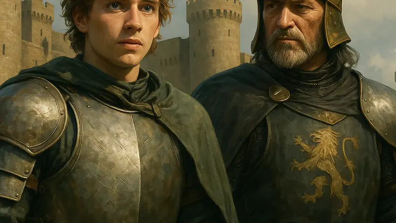Кадр из сериала «Рыцарь Семи Королевств», спин-офф «Игры престолов», с героями в средневековых доспехах на фоне замка.