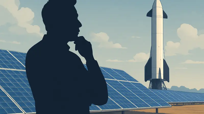 Илон Маск на фоне солнечных панелей или космического корабля SpaceX, размышления о будущем