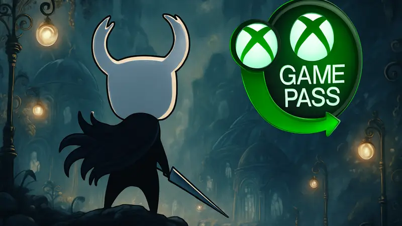 Герой Hollow Knight в улучшенной графике на Xbox Series X|S, логотип Game Pass на фоне.