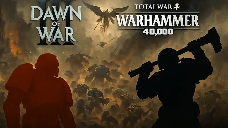 Логотипы игр Dawn of War 4 и Total War: Warhammer 40k на фоне эпического поля битвы 40-го тысячелетия.