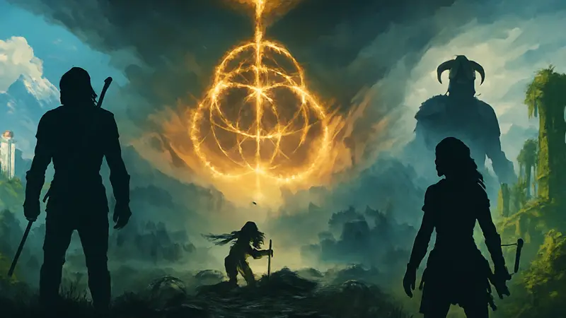 Обложка игры Elden Ring, лучшей RPG с открытым миром, на фоне других знаковых проектов жанра.