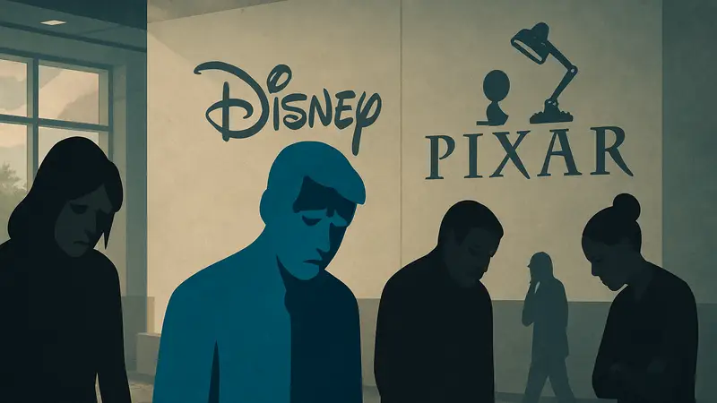 Сотрудники Disney и Pixar, логотипы студий, грустные лица