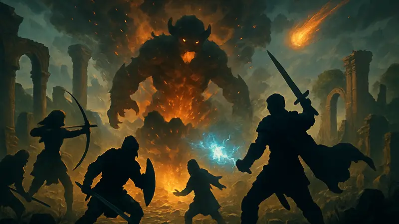 Фрагмент эпического сражения из классической пошаговой RPG с яркими эффектами