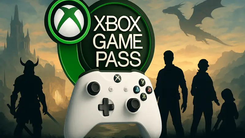 Логотип Xbox Game Pass и контроллер на фоне новых игр.