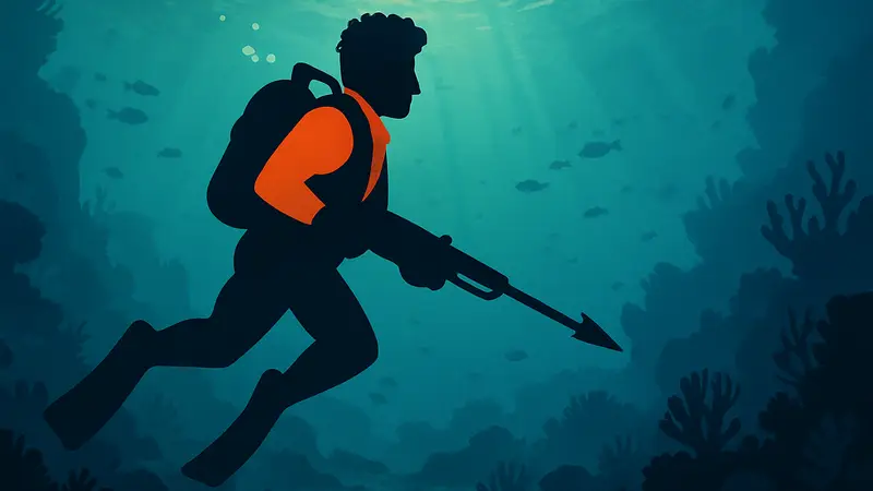 Изображение главного героя Дэйва из игры Dave the Diver, плавающего с гарпуном под водой.