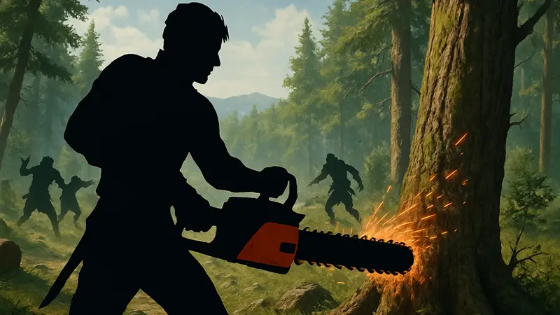 Игрок использует бензопилу в Crimson Desert, уничтожая врагов и деревья.