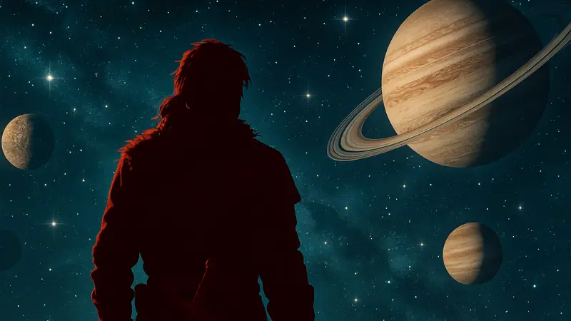 Изображение персонажа из Crimson Desert, смотрящего на детально смоделированный космос с планетами и звёздами.