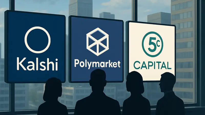Логотипы Kalshi, Polymarket и 5(c) Capital, демонстрирующие сотрудничество на рынке прогнозных инвестиций.