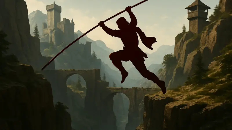 Скриншот Crimson Desert: персонаж выполняет акробатический прыжок с шестом над пропастью.