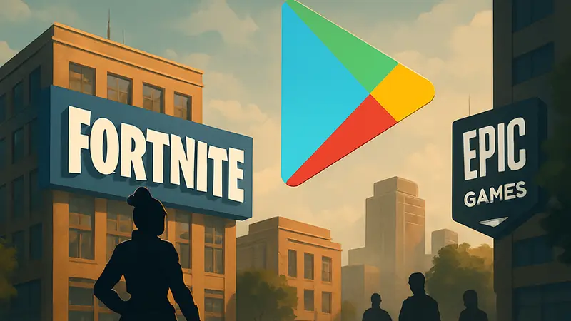 Логотипы Fortnite, Google Play и Epic Games, символизирующие возвращение игры в магазин приложений.