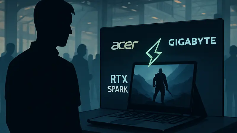 Изображение игрового ноутбука с логотипами Acer и Gigabyte и упоминанием RTX Spark
