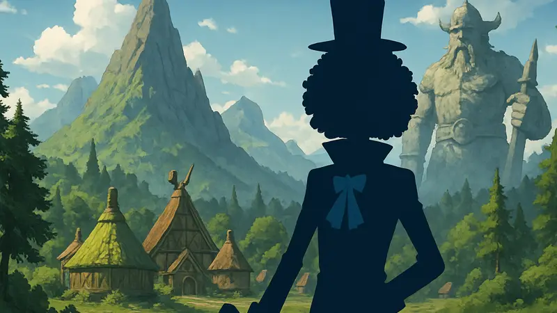 Брук из One Piece, на фоне Элбафа, иллюстрирующий новую предысторию персонажа