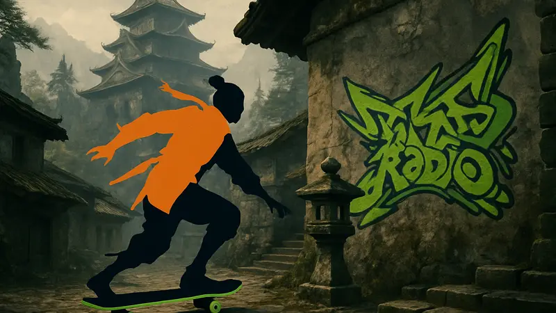 Скриншот из Sekiro: Shadows Die Twice с персонажем на скейтборде и граффити.