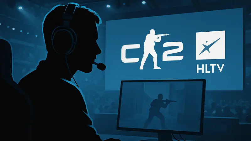 Изображение киберспортсмена в игровой гарнитуре, логотип Counter-Strike 2 и HLTV.