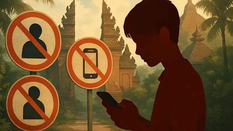 Подросток использует смартфон на фоне запрещающих знаков в Индонезии, иллюстрация регуляции