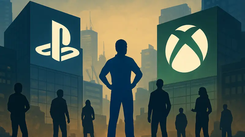 Логотипы PlayStation и Xbox на фоне конкуренции в игровой индустрии.