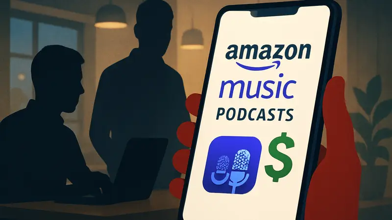 Логотип Amazon Music Podcasts на экране смартфона, демонстрирующий стратегию монетизации.