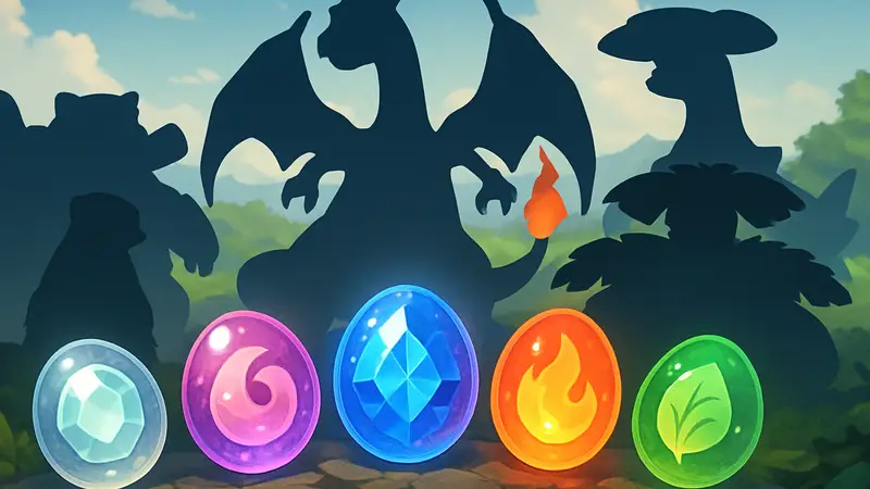 Мега-Камни из Pokemon Champions, светятся разными цветами, на фоне покемонов