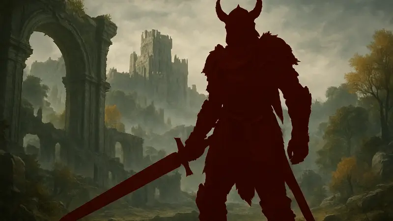 Персонаж Elden Ring в мощной броне с оружием, скриншот из игры