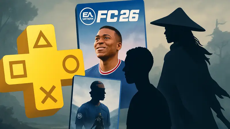 Логотип PS Plus Essential с обложками игр EA FC 26 и Wuchang: Fallen