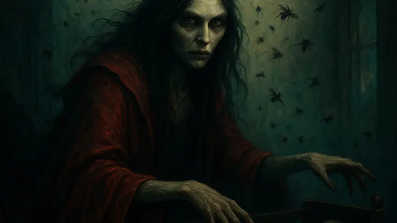 Постер фильма "Mother of Flies" в жанре фэнтези-хоррор, демонстрирующий высокие оценки Rotten Tomatoes.