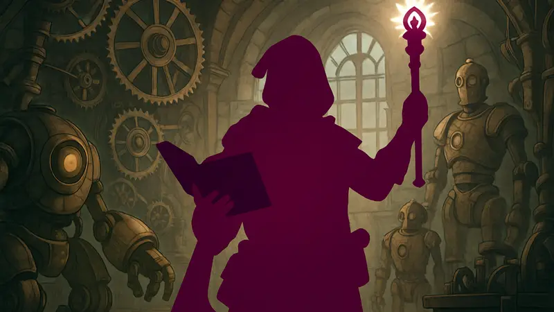 Волшебник Artificer из Dungeons and Dragons, окруженный механизмами
