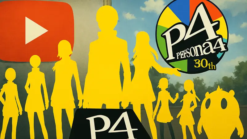 Постер Persona 4: The Animation с главными героями, на фоне логотип YouTube и символика 30-летия франшизы Persona.