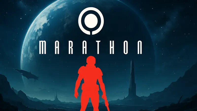 Логотип футуристического шутера Marathon от студии Bungie с космическим фоном
