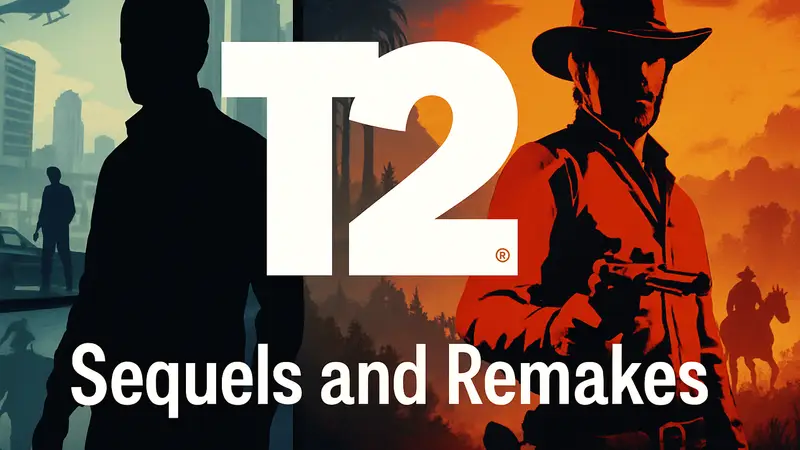 Логотип Take-Two Interactive на фоне популярных игр, таких как Grand Theft Auto и Red Dead Redemption, с надписью 'Сиквелы и ремейки'.