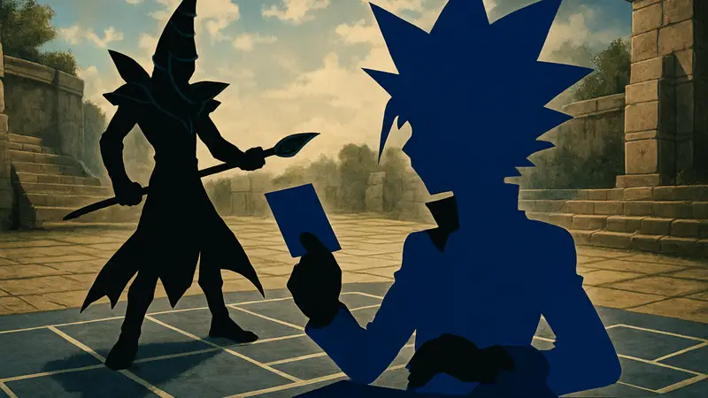 Юги Муто и его Тёмный Маг из аниме Yu-Gi-Oh! на игровом поле.