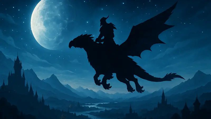 Персонаж World of Warcraft летит на ездовом животном над Азеротом на фоне ночного неба