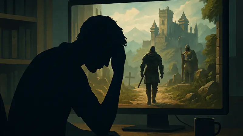 Геймер в задумчивости после прохождения RPG, символизирующий послеигровую депрессию.