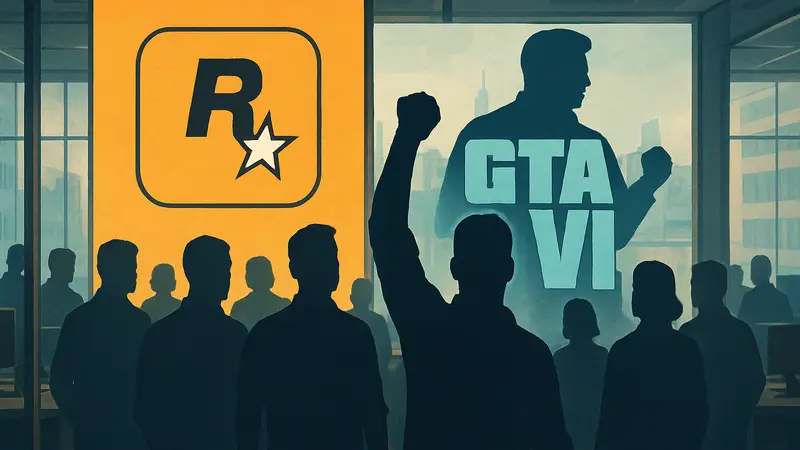Логотип Rockstar Games на фоне сотрудников, с силуэтом GTA 6, символизирующий профсоюзную борьбу.