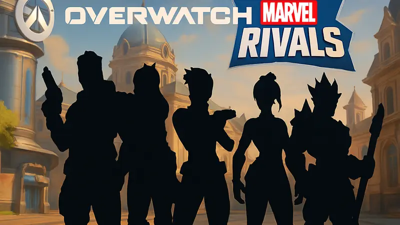 Скриншот Overwatch 2 с несколькими героями и логотипом Marvel Rivals на фоне, символизирующим конкуренцию.