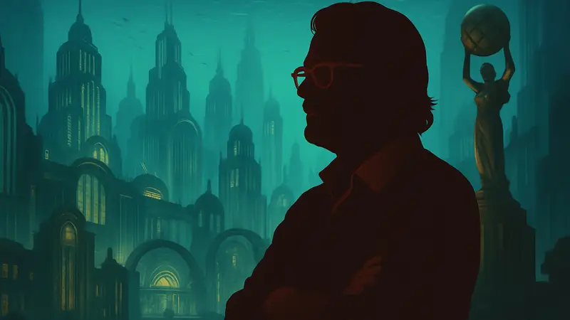 Гор Вербински на фоне города Восторг из BioShock, арт-концепт нереализованного фильма.