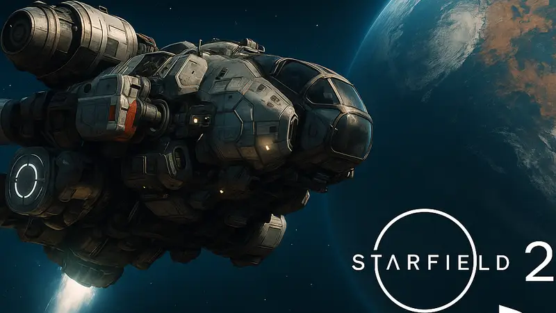 Космический корабль Starfield на фоне планеты, иллюстрация будущей версии 2.0 для ПК и PlayStation 5.