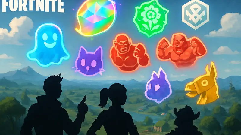 Разноцветные спрайты Fortnite, летающие над картой или персонажами.
