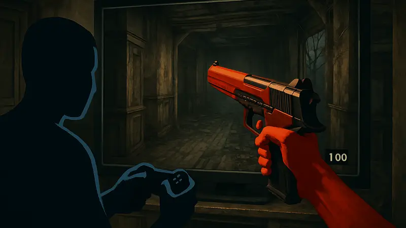 Игрок использует бесконечные патроны в Resident Evil 7, на экране пистолет Albert-01R.