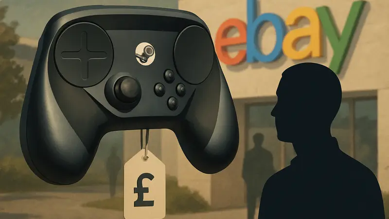 Контроллер Steam от Valve, возможно, с ценником и логотипом eBay на заднем плане, символизирующий перепродажу.