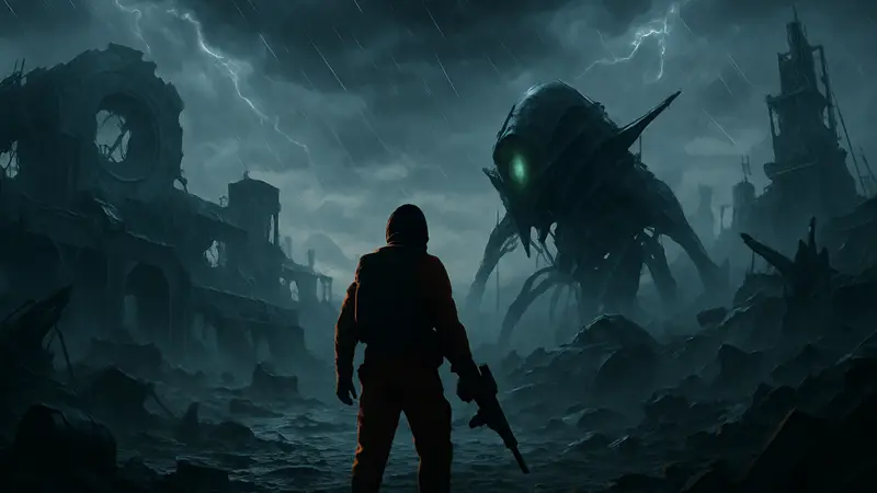 Концепт-арт Alien Deathstorm: игрок исследует разрушенную инопланетную колонию в шторм.