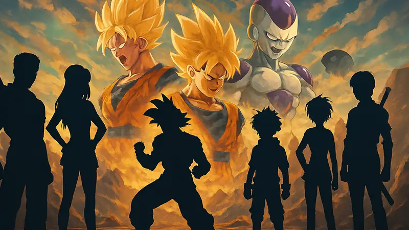 Коллаж из культовых аниме-персонажей, включая героев Dragon Ball и его соперников, на фоне динамичной сцены.